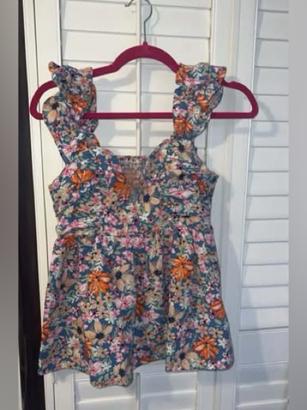 Boutique Floral Ruffle Strap top in Teal and Orange